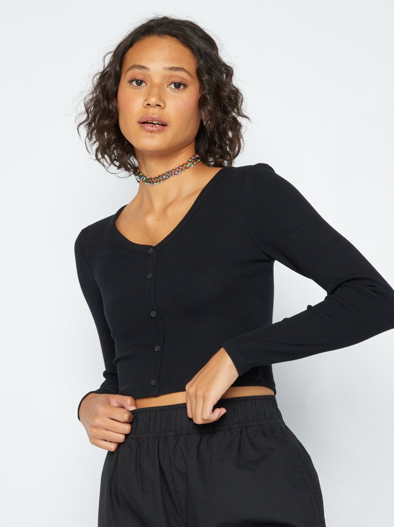 Camiseta cropped de punto de canalé Negro - Kiabi