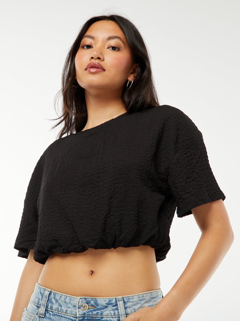 Camiseta cropped de punto gofrado negro - Kiabi