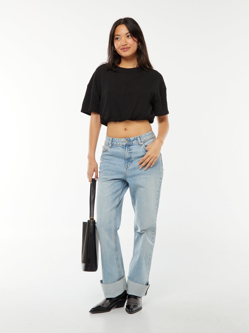 Camiseta cropped de punto gofrado negro - Kiabi