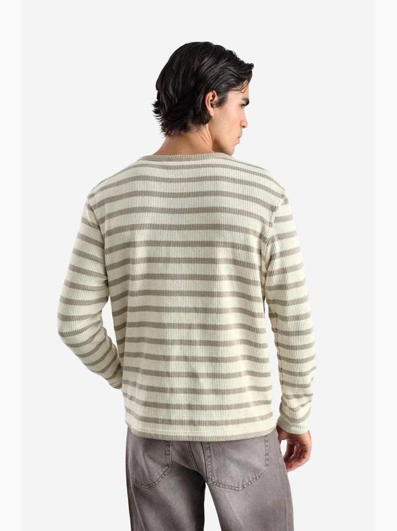 Camiseta cuello con botones manga larga a rayas giesto Beige arcilla - Kiabi