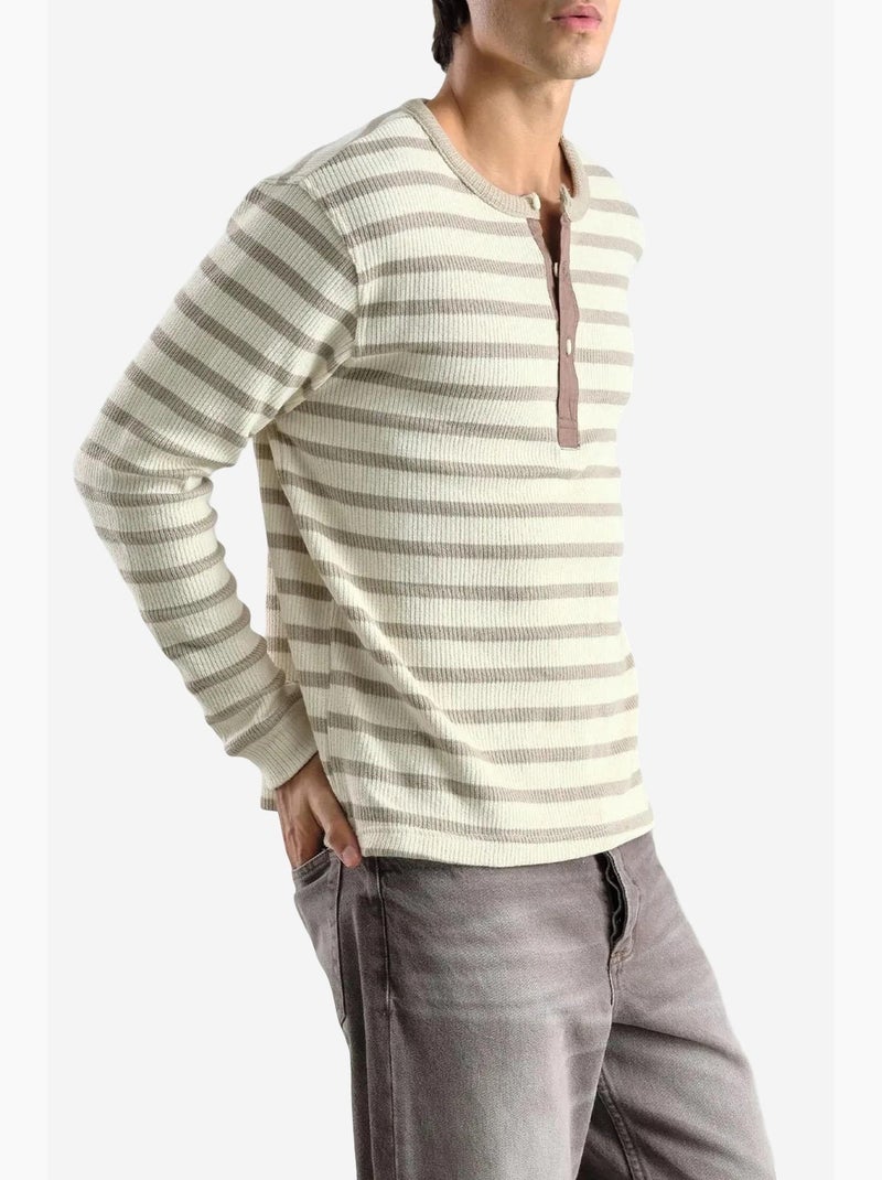 Camiseta cuello con botones manga larga a rayas giesto Beige arcilla - Kiabi