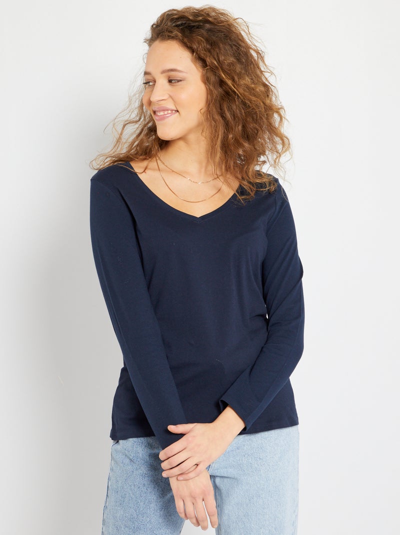 Camiseta cuello en pico azul - Kiabi