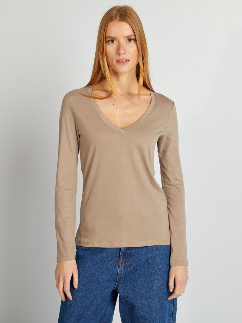 Camiseta cuello en pico BEIGE - Kiabi