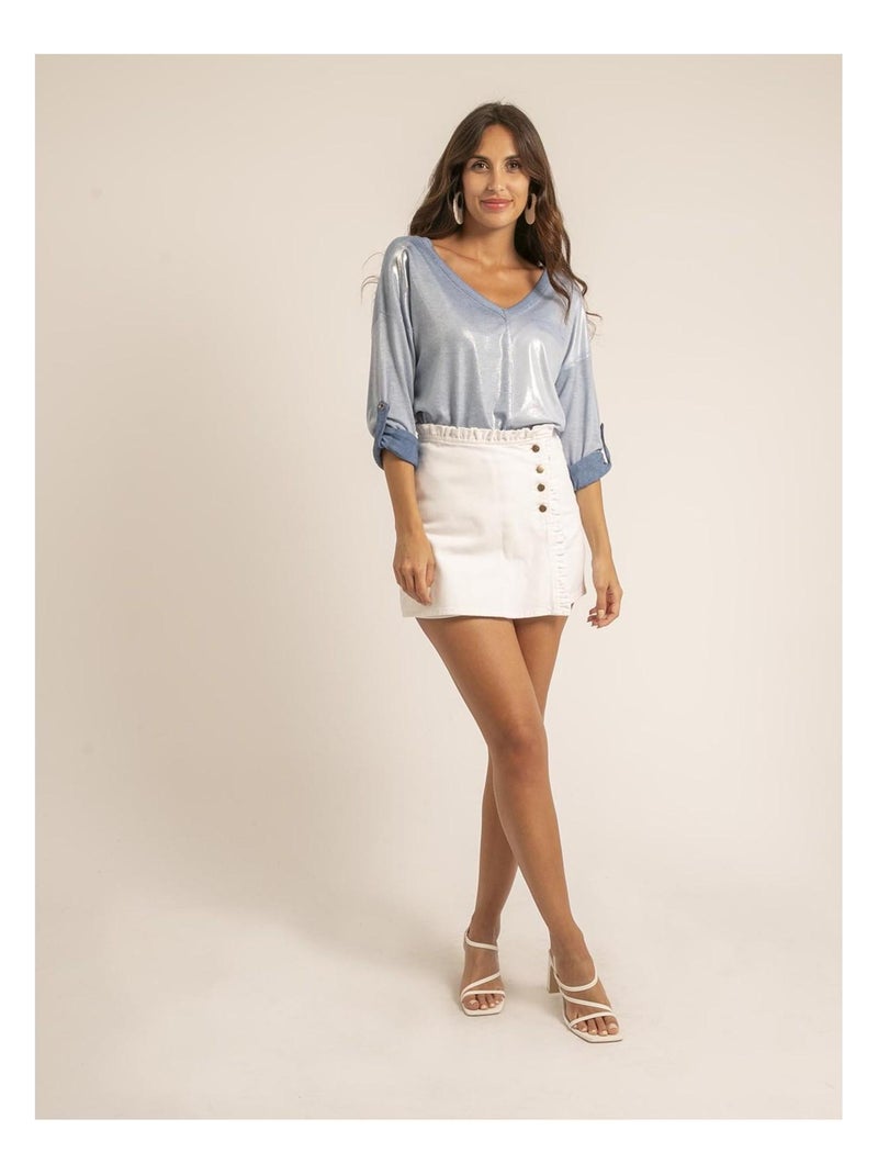 Camiseta cuello en V bimaterial FILINIE Azul - Kiabi