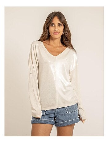 Camiseta cuello en V bimaterial FILINIE