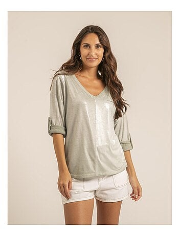 Camiseta cuello en V bimaterial FILINIE