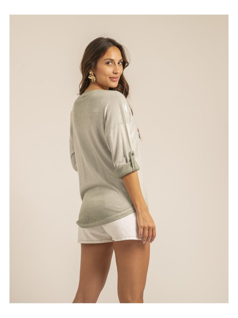 Camiseta cuello en V bimaterial FILINIE Caqui - Kiabi