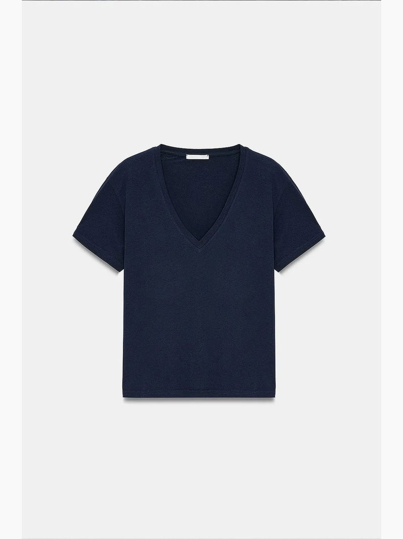 Camiseta cuello pico algodón lyocell manga corta dilvin Azul marino - Kiabi