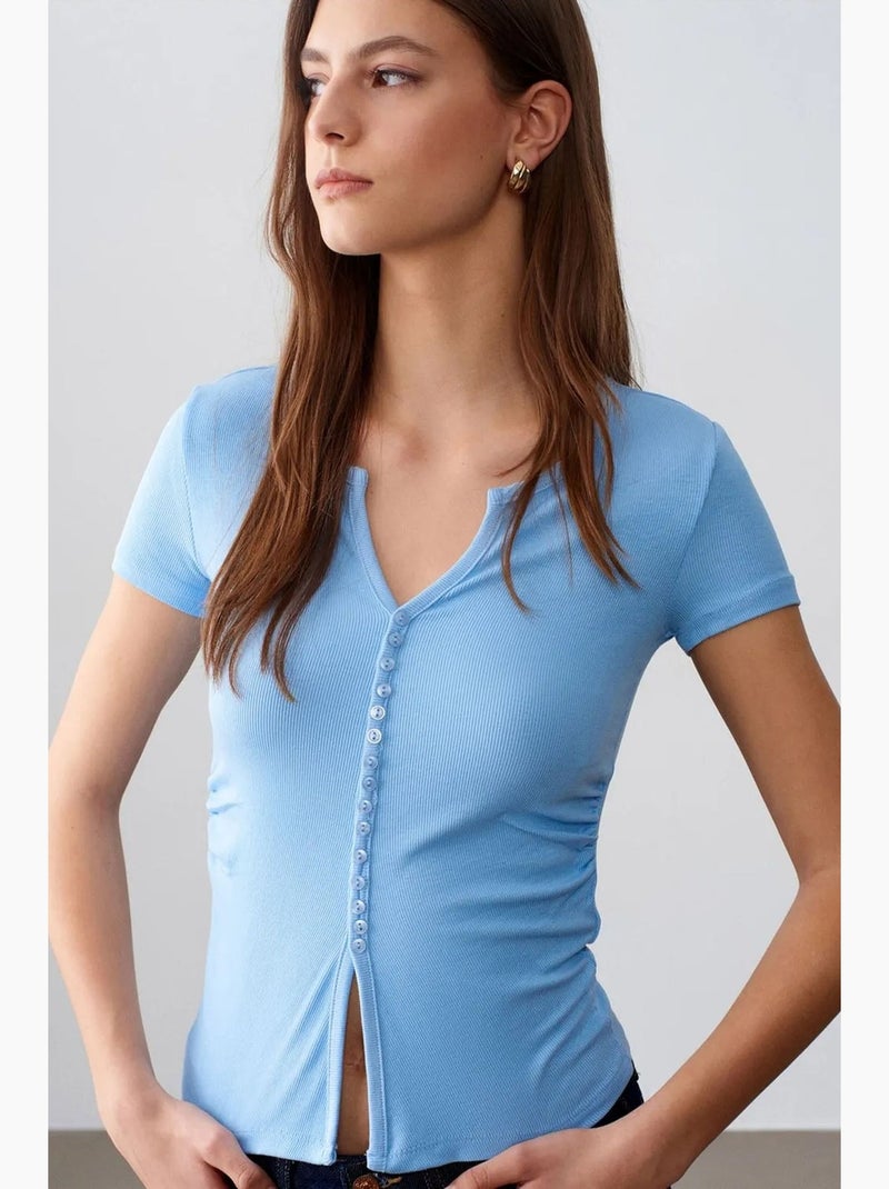 Camiseta cuello redondo botones manga larga ajustada dilvin Azul cielo - Kiabi