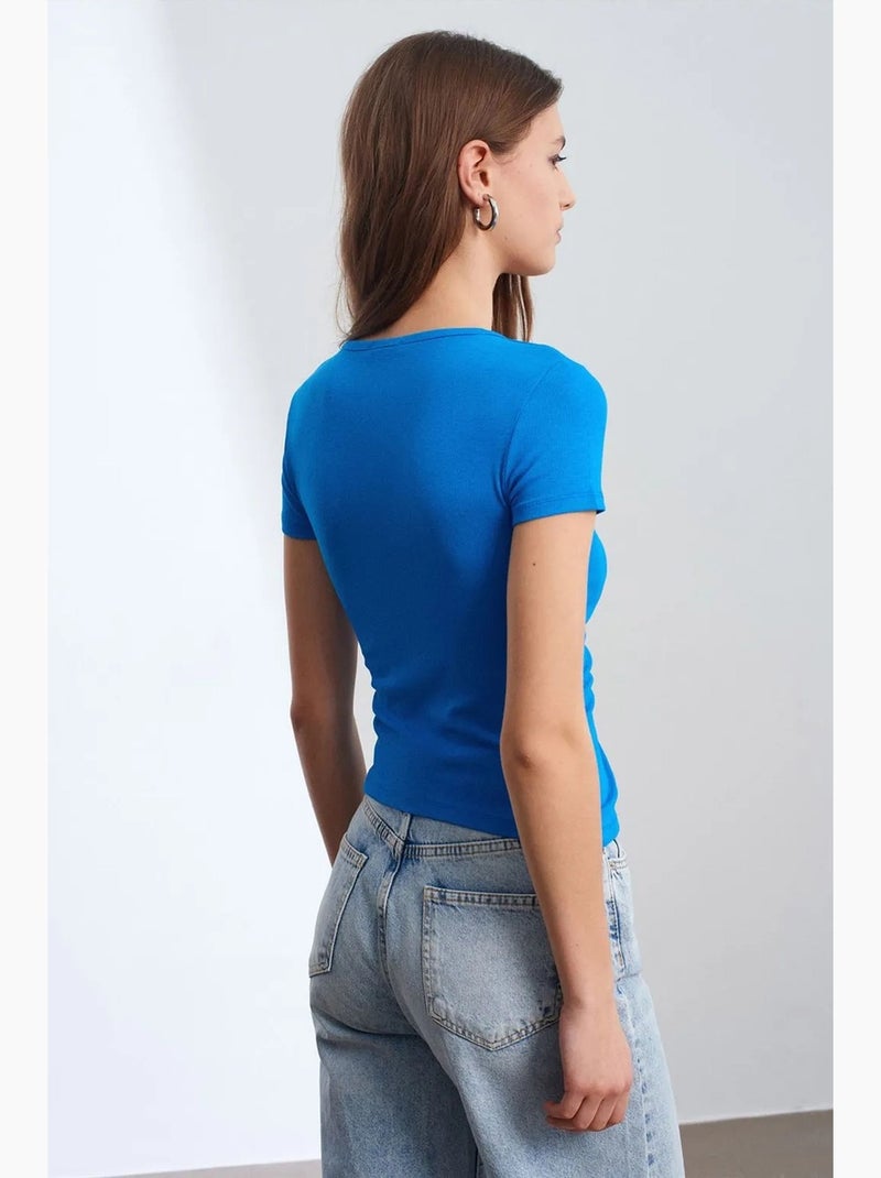 Camiseta cuello redondo botones manga larga ajustada dilvin Azul cobalto - Kiabi