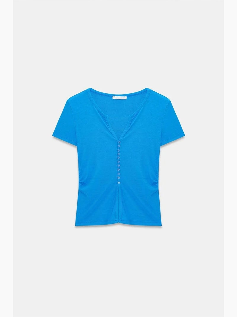 Camiseta cuello redondo botones manga larga ajustada dilvin Azul cobalto - Kiabi