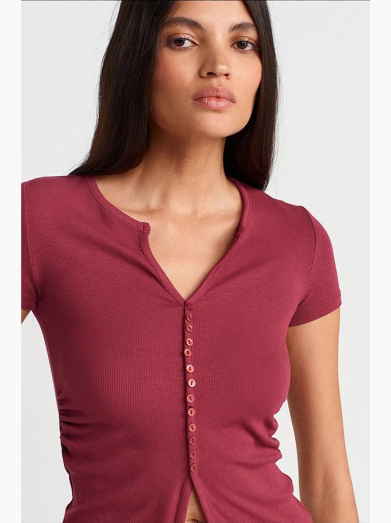 Camiseta cuello redondo botones manga larga ajustada dilvin Rojo burdeos - Kiabi