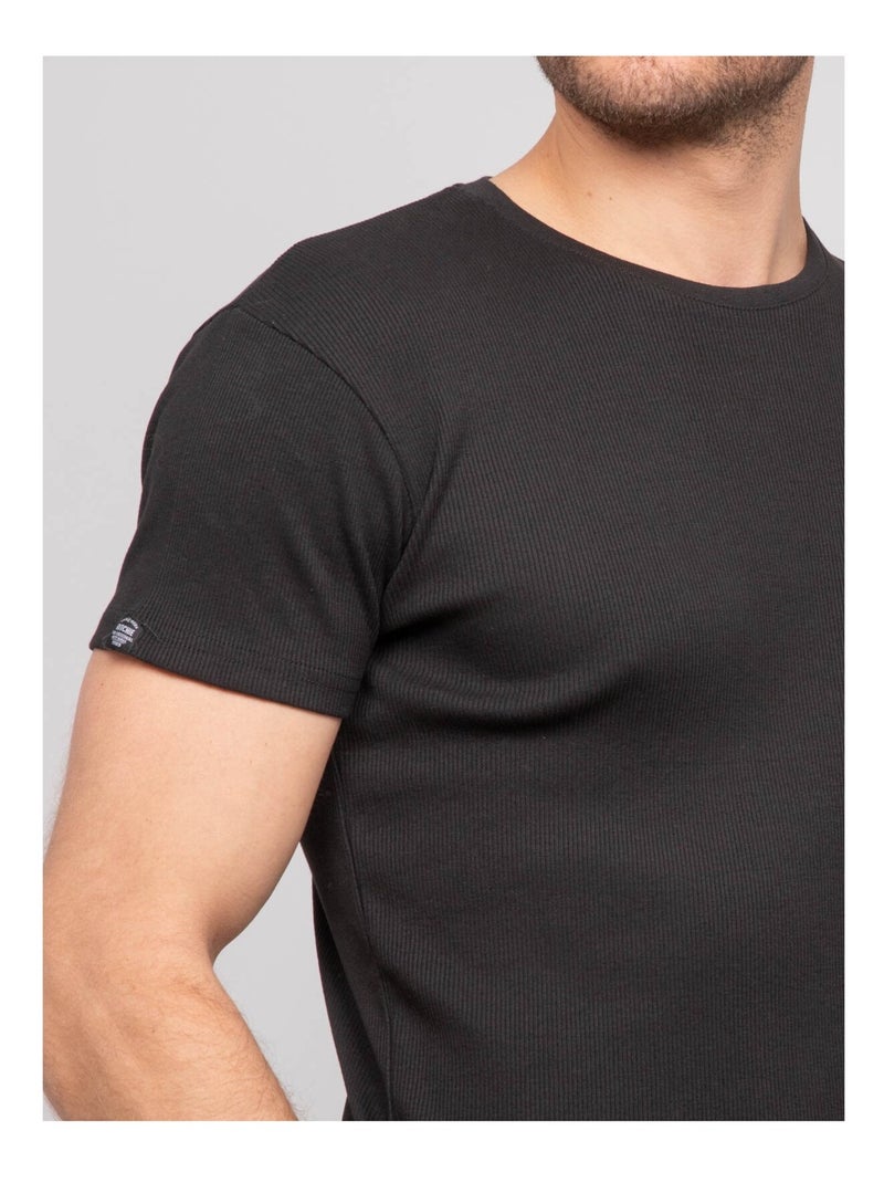 Camiseta cuello redondo de algodón acanalado WALTER Negro - Kiabi