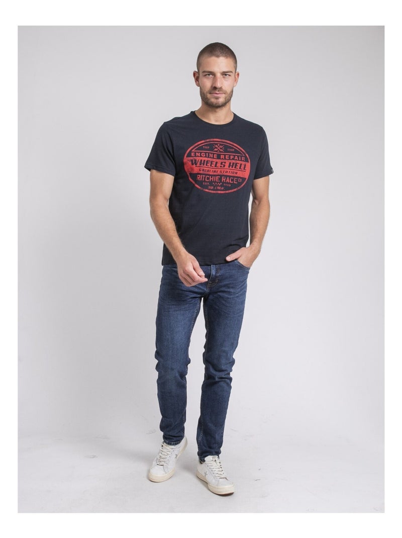Camiseta cuello redondo de puro algodón JAKOTA Azul marino - Kiabi