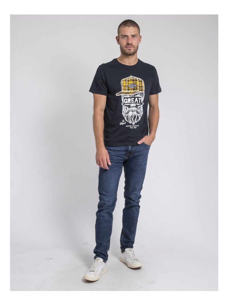 Camiseta cuello redondo de puro algodón JAMYTH Azul marino - Kiabi