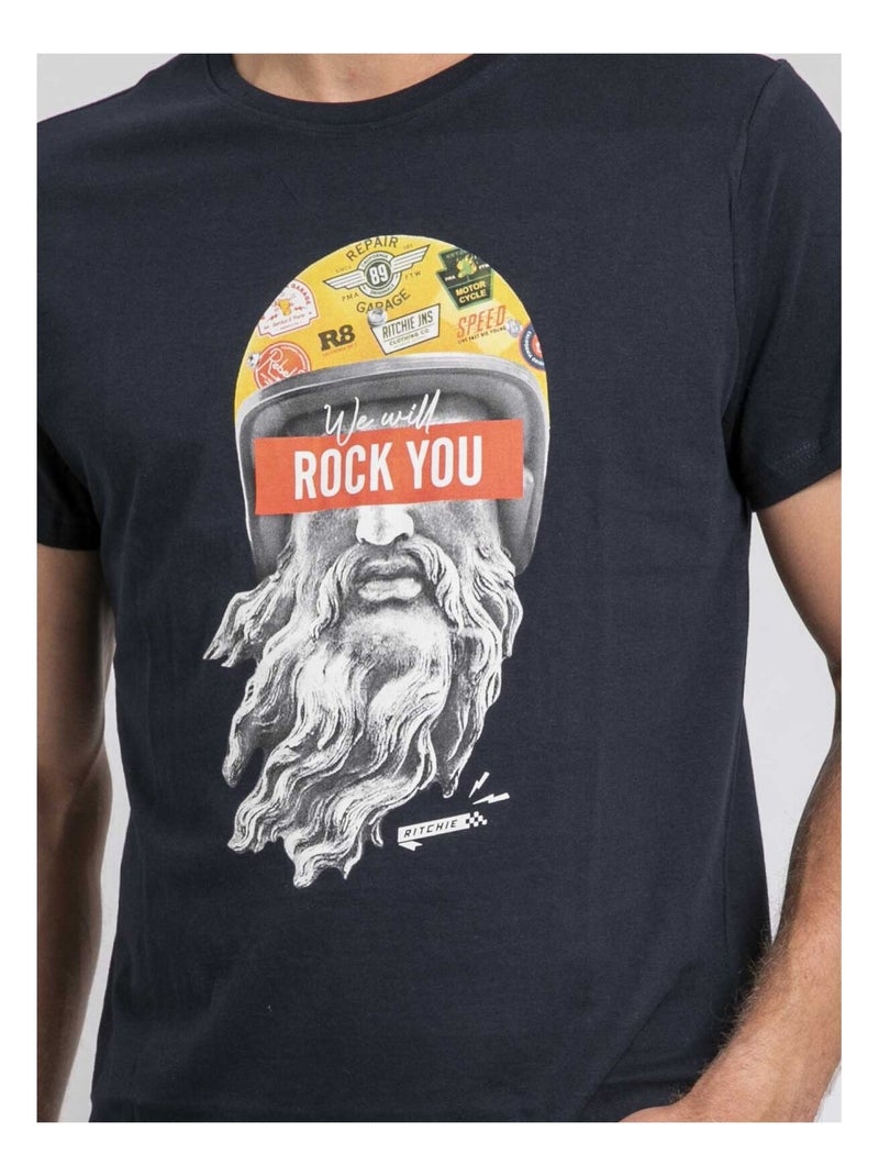 Camiseta cuello redondo de puro algodón JOMODEK Azul marino - Kiabi
