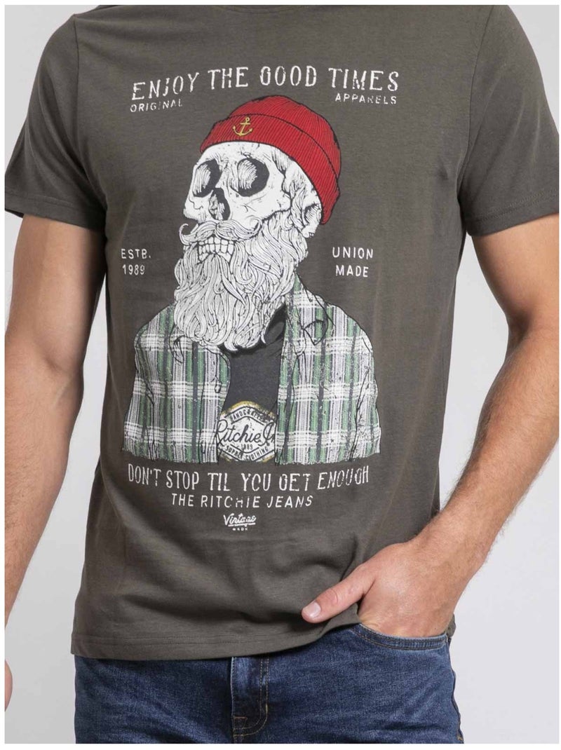 Camiseta cuello redondo de puro algodón JORUSTIX Caqui - Kiabi