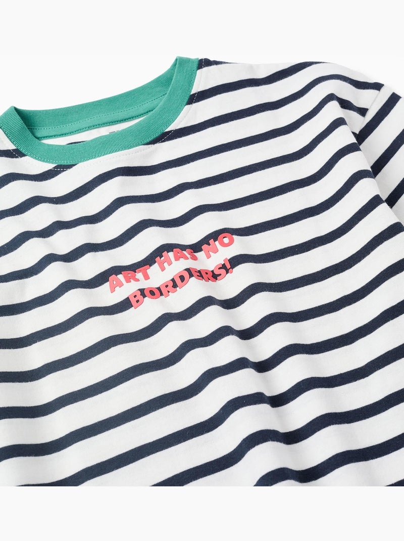 Camiseta de algodón a rayas con estampado Blanco - Kiabi