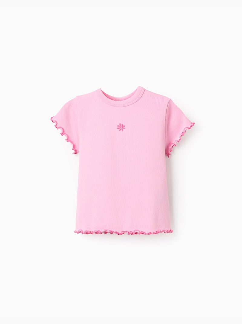 Camiseta de algodón acanalado con extremos ondulados Rosa - Kiabi