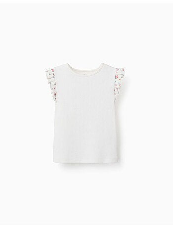 Camiseta de algodón acanalado con mangas con volantes