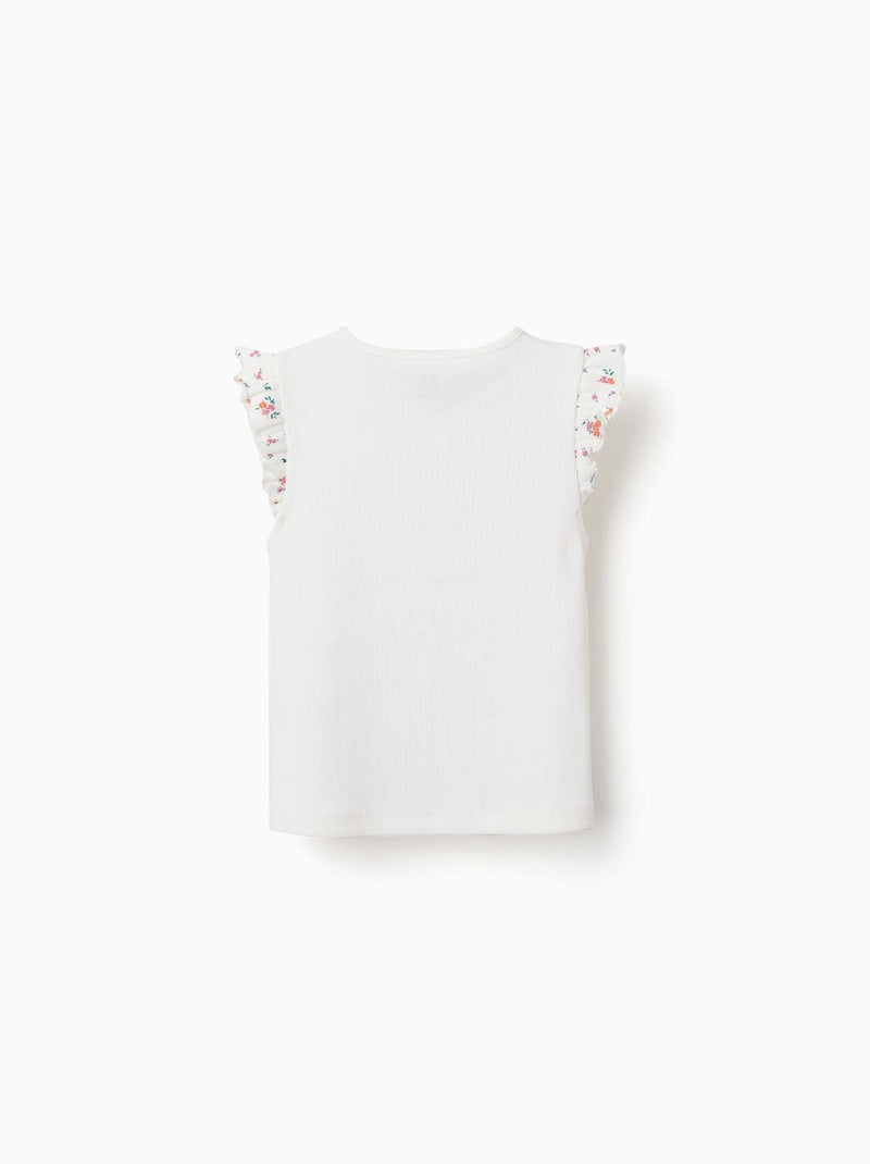 Camiseta de algodón acanalado con mangas con volantes Beige claro - Kiabi