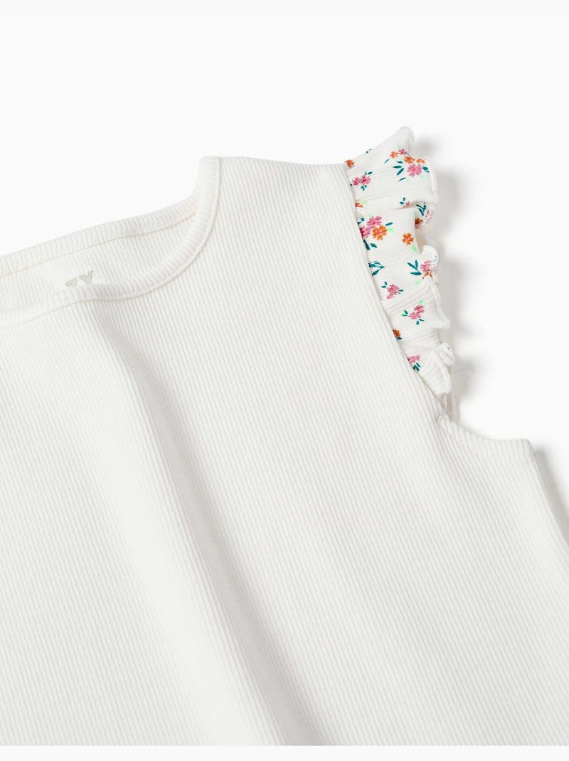 Camiseta de algodón acanalado con mangas con volantes Beige claro - Kiabi
