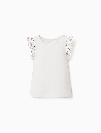 Camiseta de algodón acanalado con mangas con volantes