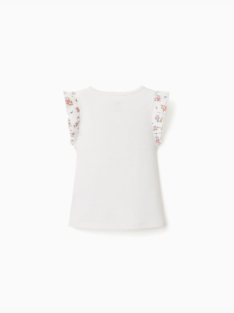 Camiseta de algodón acanalado con mangas con volantes Beige claro - Kiabi