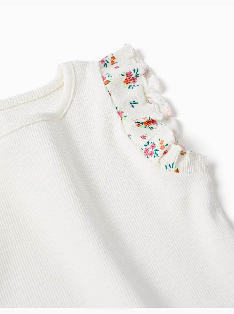 Camiseta de algodón acanalado con mangas con volantes Beige claro - Kiabi