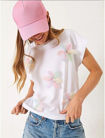 Camiseta de algodón con bordado floral y cuello redondo lucci