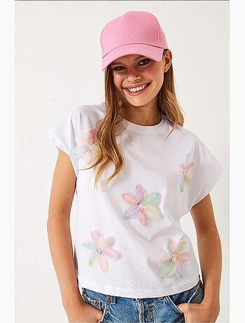 Camiseta de algodón con bordado floral y cuello redondo lucci