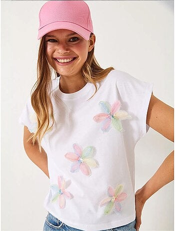 Camiseta de algodón con bordado floral y cuello redondo lucci