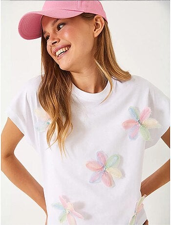 Camiseta de algodón con bordado floral y cuello redondo lucci