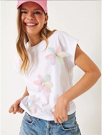 Camiseta de algodón con bordado floral y cuello redondo lucci