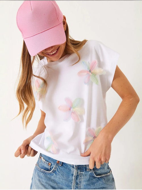 Camiseta de algodón con bordado floral y cuello redondo lucci - Kiabi