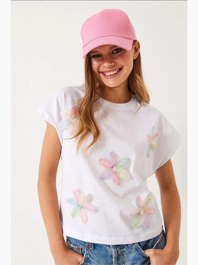 Camiseta de algodón con bordado floral y cuello redondo lucci Blanco - Kiabi