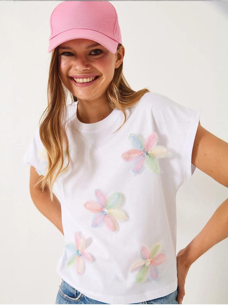 Camiseta de algodón con bordado floral y cuello redondo lucci Blanco - Kiabi