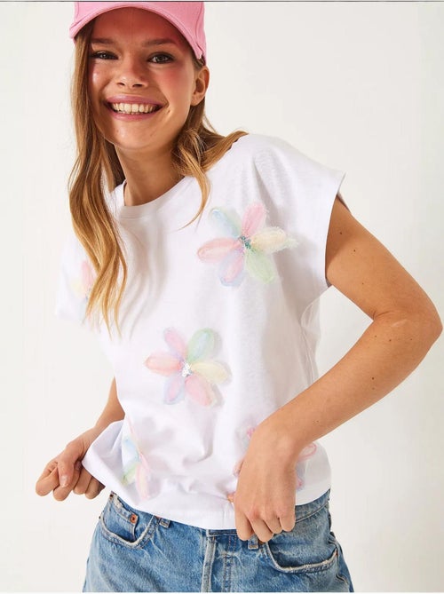 Camiseta de algodón con bordado floral y cuello redondo lucci - Kiabi