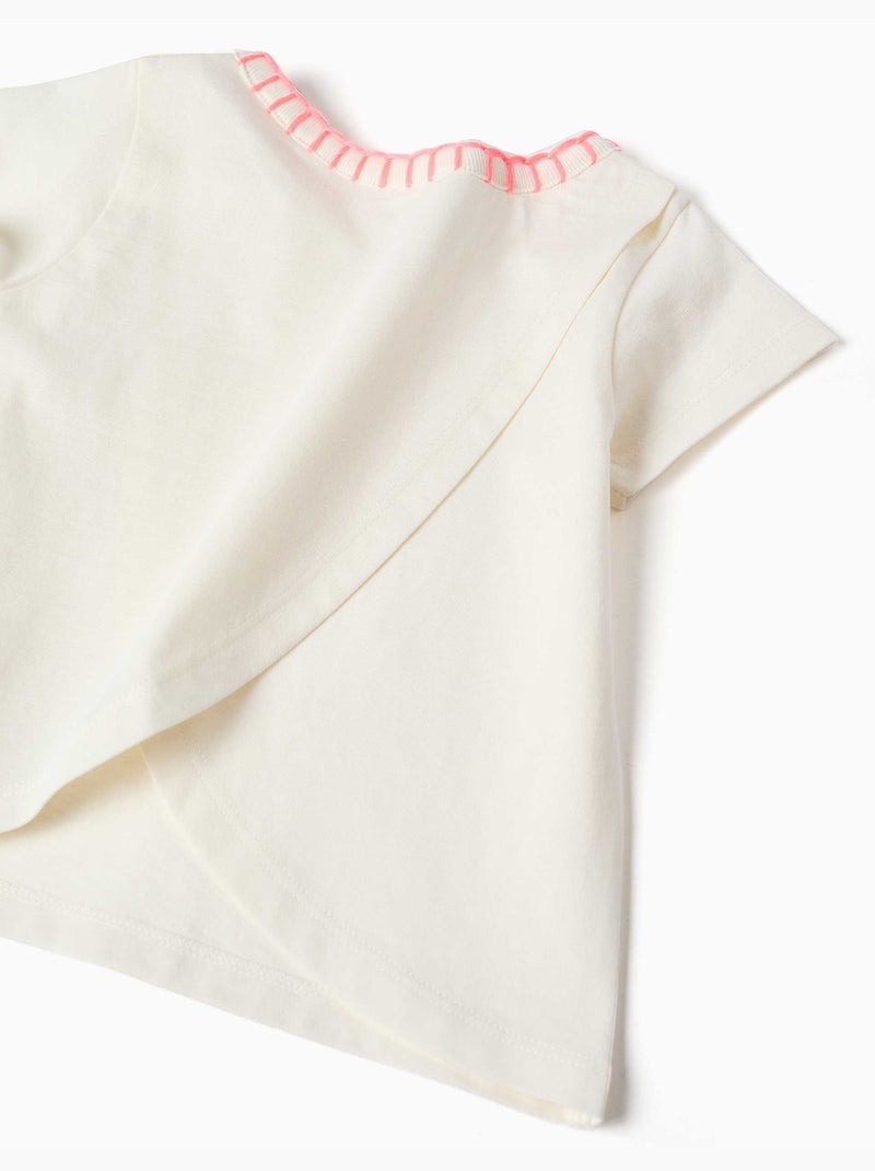 Camiseta de algodón con cuello bordado Beige claro - Kiabi