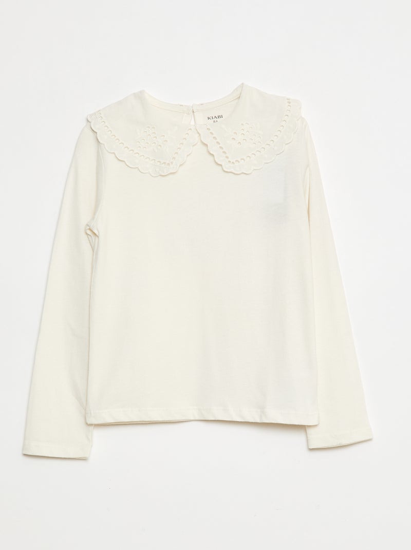 Camiseta de algodón con cuello bordado Blanco - Kiabi