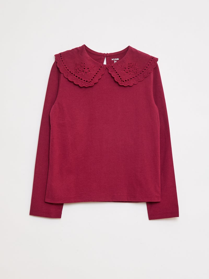 Camiseta de algodón con cuello bordado Rojo - Kiabi