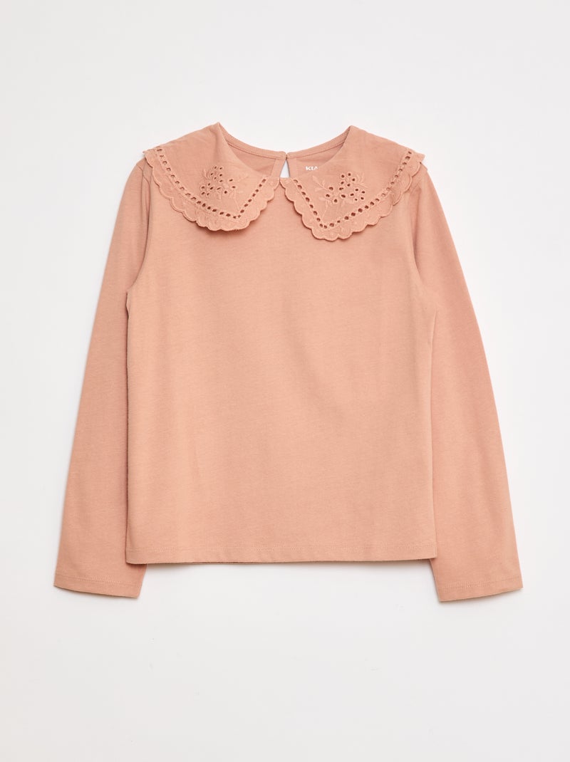 Camiseta de algodón con cuello bordado Rosa - Kiabi