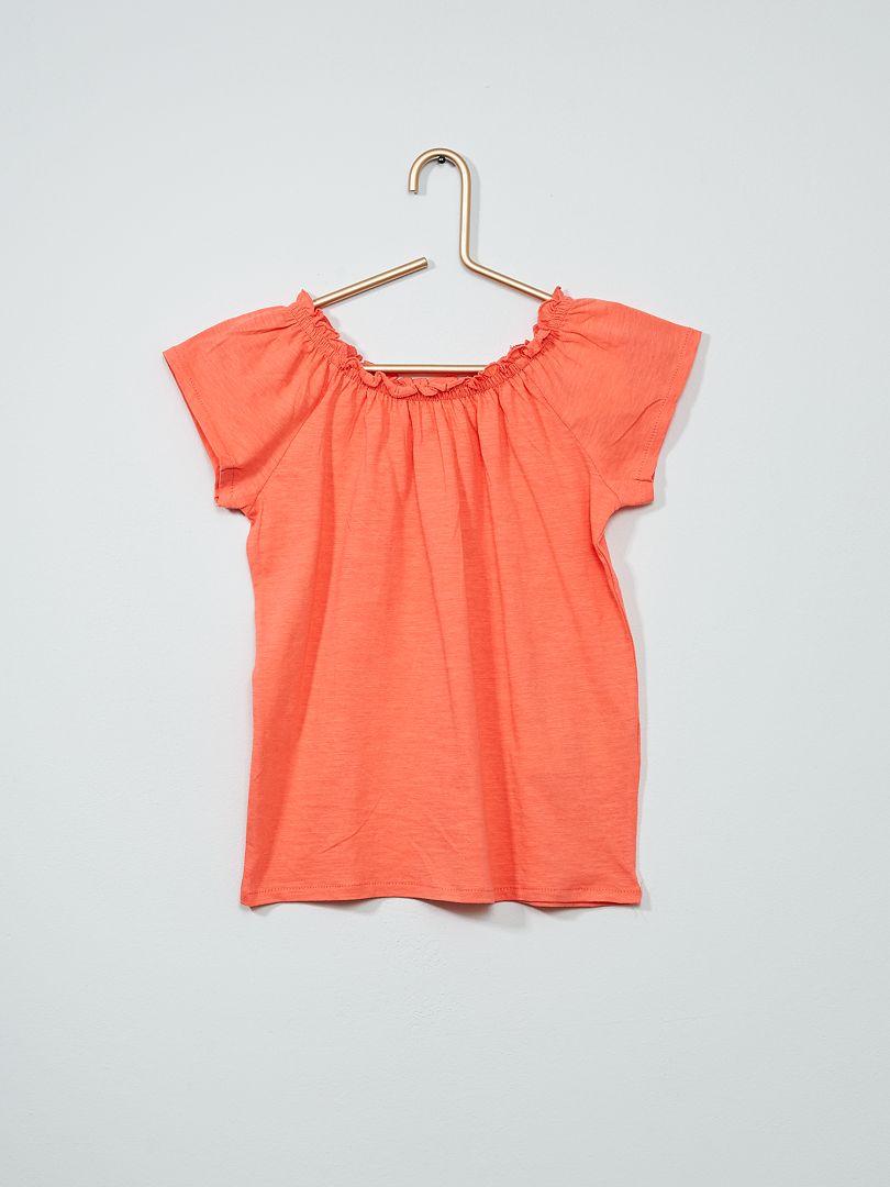 Camiseta de algodón con cuello con volante naranja - Kiabi