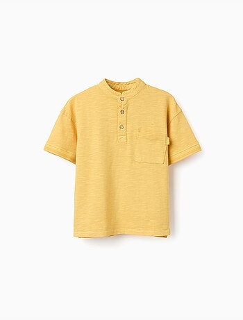 Camiseta de algodón con cuello mao y bolsillo