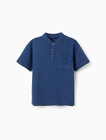 Camiseta de algodón con cuello mao y bolsillo