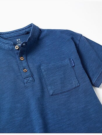 Camiseta de algodón con cuello mao y bolsillo