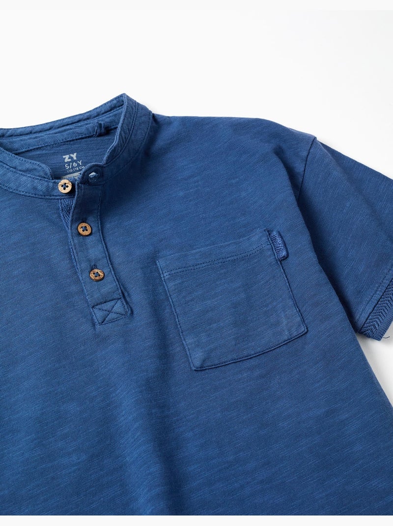 Camiseta de algodón con cuello mao y bolsillo Azul oscuro - Kiabi