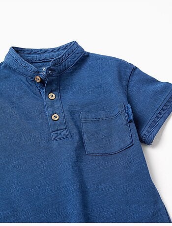 Camiseta de algodón con cuello mao y bolsillo