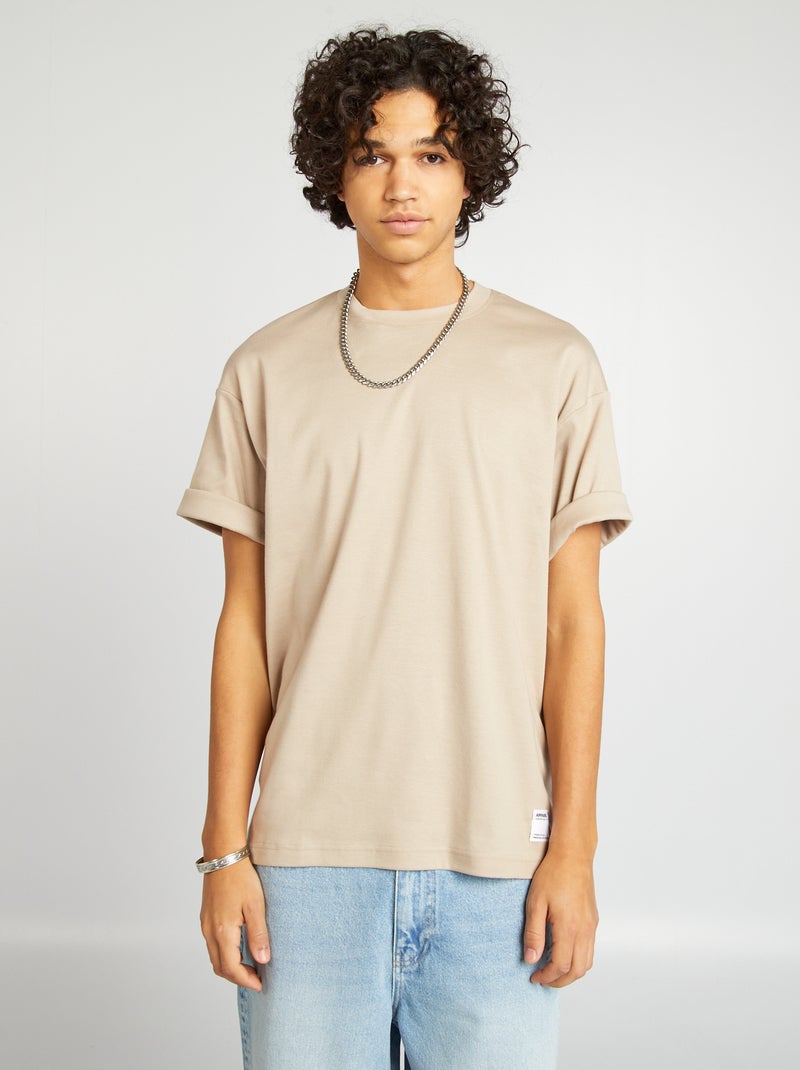 Camiseta de algodón con cuello redondo beige - Kiabi