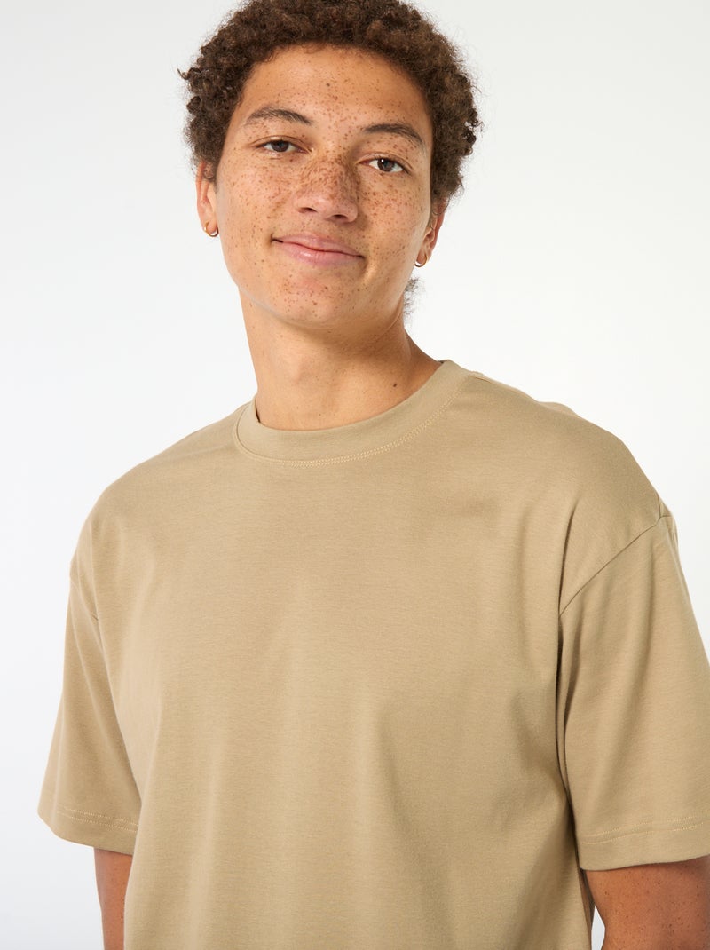 Camiseta de algodón con cuello redondo Beige - Kiabi
